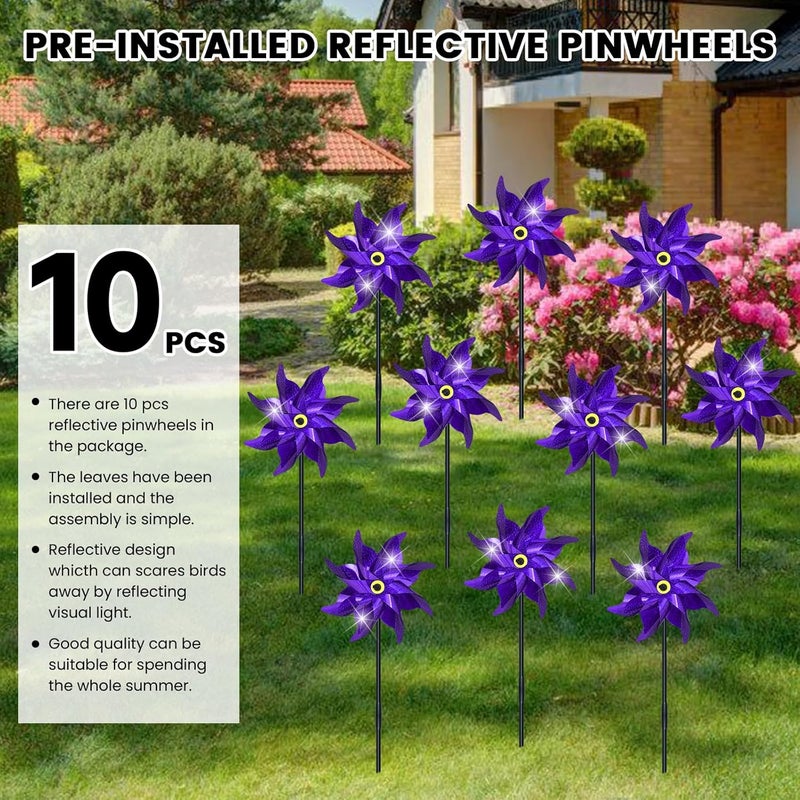 DECEED 10 PCS Reflective Pinwheels for Yard and Garden Bird Devices Pre-Installed Sparkly Wind Spinner Deterrent to Scare Birds Away from Yard Patio Farm (Purple) - Image 2